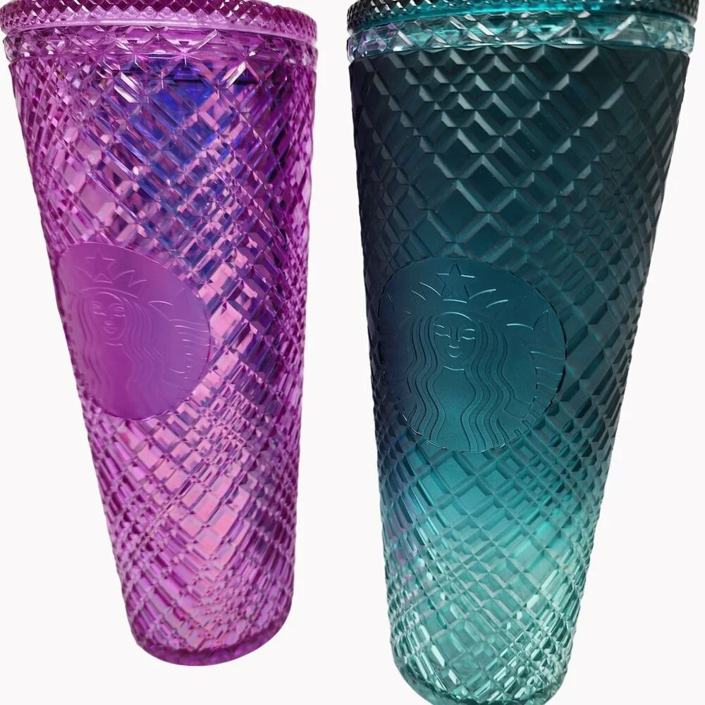 Two Starbucks Venti 24 Oz Jeweled Tumblers Purple Pink Taffy and Green Ombre